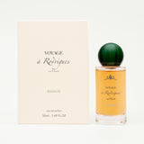 Perfume bottle and packaging of 'Voyage a Rodriques' on a white background