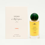 Perfume bottle and packaging of 'Voyage a Rodriques' Corail on a white background